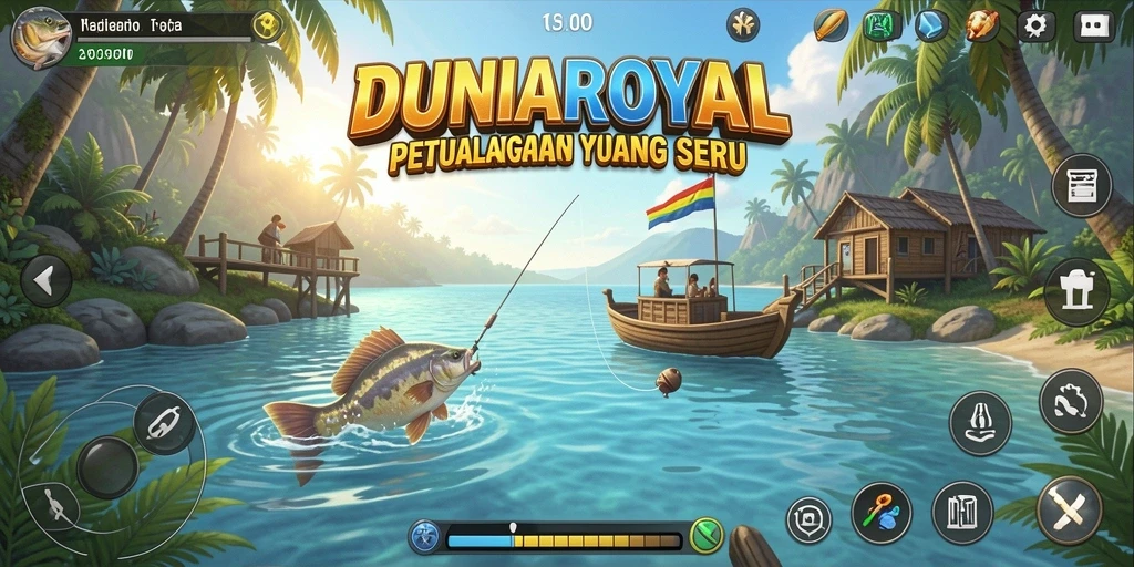 Screenshot DUNIAROYAL menampilkan pemain saat menangkap ikan di lokasi yang indah.