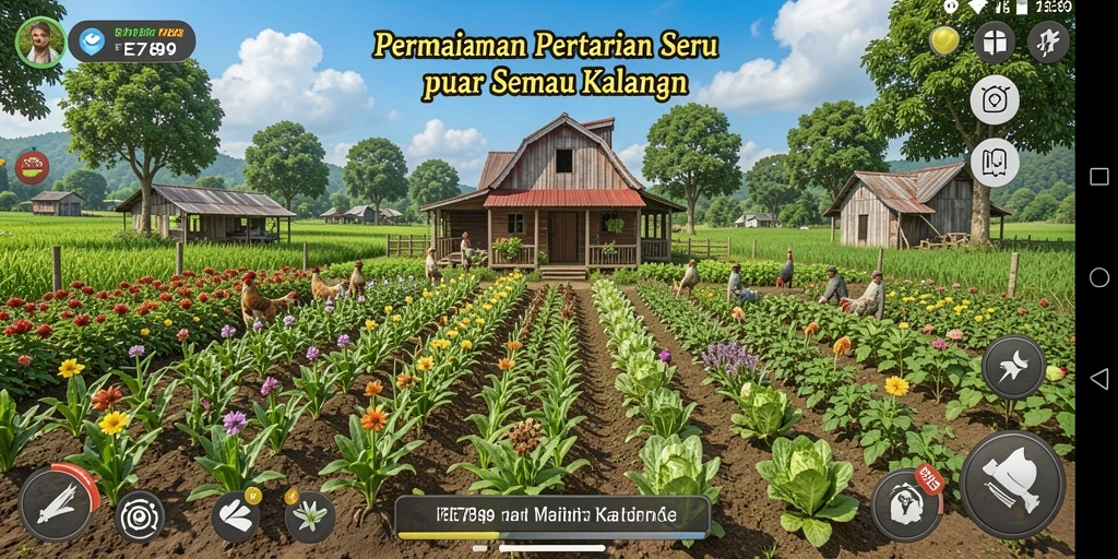 Tangkapan layar gameplay EE789 menampilkan kehidupan pertanian yang penuh warna.