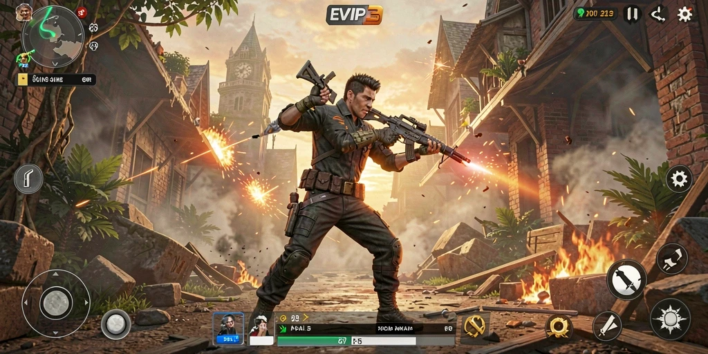 Screenshot gameplay EVIP3 menampilkan aksi seru dalam pertempuran.