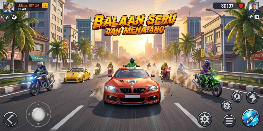 Screenshot utama game SD107 menampilkan aksi balap yang mendebarkan.