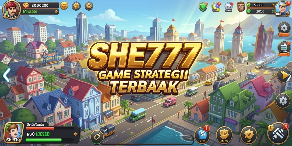Screenshot SHE777 menampilkan tindakan membangun kota dan strategi SLG.