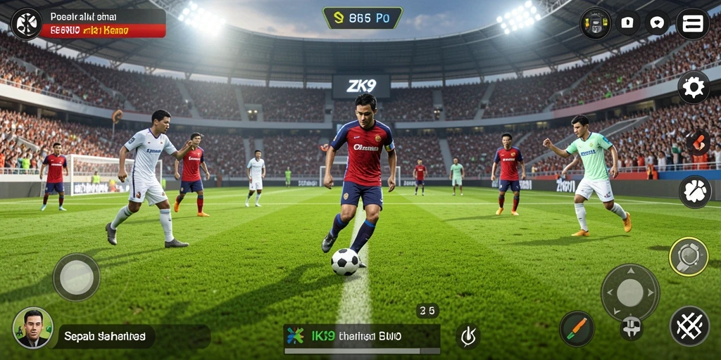 Screenshot utama ZK9 menampilkan aksi seru di lapangan sepak bola.